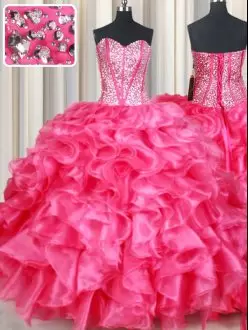 Great Hot Pink Sweetheart Lace Up Beading and Ruffles Quinceanera Dress Sleeveless