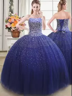 Royal Blue Ball Gowns Tulle Sweetheart Sleeveless Beading Floor Length Lace Up Ball Gown Prom Dress