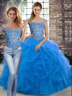 Affordable Blue Two Pieces Beading and Ruffles Ball Gown Prom Dress Lace Up Tulle Sleeveless