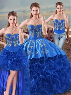 Fabric With Rolling Flowers Sweetheart Sleeveless Lace Up Embroidery and Ruffles Sweet 16 Dress in Royal Blue
