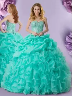 Beauteous Turquoise Sleeveless Beading and Ruffles and Pick Ups Floor Length Quinceanera Dresses