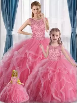 Noble Pink Ball Gowns Tulle Scoop Sleeveless Beading Floor Length Vestidos de Quinceanera