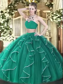 Romantic Turquoise Two Pieces Beading and Ruffles Quinceanera Gown Backless Tulle Sleeveless Floor Length