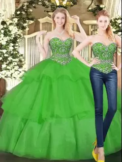 Clearance Green Organza Lace Up Sweetheart Sleeveless Floor Length Quinceanera Gown Beading and Ruffled Layers