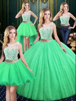 Discount Scoop Sleeveless 15 Quinceanera Dress Floor Length Lace and Sequins Tulle and Sequined