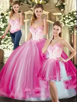 Fuchsia Tulle Lace Up Quince Ball Gowns Sleeveless Floor Length Beading