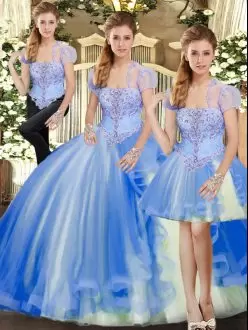 Trendy Ball Gowns Quinceanera Dress Blue Strapless Tulle Sleeveless Floor Length Lace Up