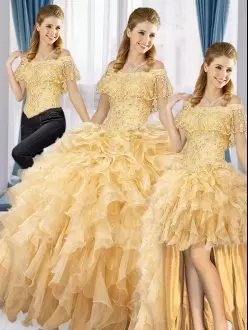Pretty Gold Sleeveless Organza Lace Up Quinceanera Gowns for Sweet 16 and Quinceanera