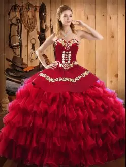 Exquisite Wine Red Ball Gowns Sweetheart Sleeveless Satin and Organza Floor Length Lace Up Embroidery and Ruffled Layers Quinceanera Dresses