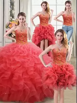 Sleeveless Organza Floor Length Lace Up Sweet 16 Dress in Coral Red with Beading and Ruffles