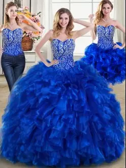 Royal Blue Ball Gowns Sweetheart Sleeveless Organza Brush Train Lace Up Beading and Ruffles Vestidos de Quinceanera