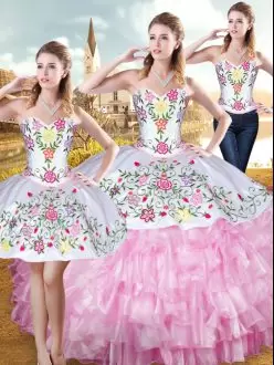 Three Pieces Quinceanera Gown Rose Pink Sweetheart Organza and Taffeta Sleeveless Floor Length Lace Up
