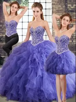 Spectacular Lavender Lace Up 15th Birthday Dress Beading and Ruffles Sleeveless Floor Length