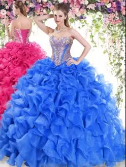 Blue Ball Gowns Sweetheart Sleeveless Organza Sweep Train Lace Up Beading and Ruffles Quinceanera Gown