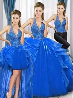 Popular Floor Length Royal Blue Vestidos de Quinceanera Tulle Sleeveless Beading and Ruffles
