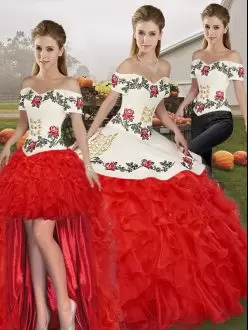 Lovely White And Red Organza Lace Up Off The Shoulder Sleeveless Floor Length Quinceanera Gowns Embroidery and Ruffles