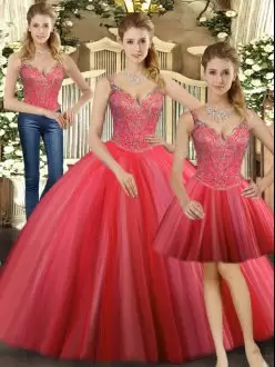 Stunning Sleeveless Tulle Floor Length Lace Up Quinceanera Gowns in Coral Red with Beading
