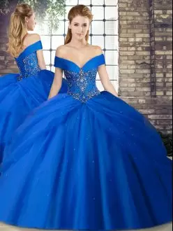 Royal Blue Quince Ball Gowns Tulle Brush Train Sleeveless Beading and Pick Ups