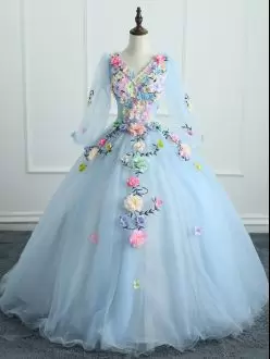 Chic Light Blue Tulle Lace Up V-neck Long Sleeves Quinceanera Dress Colorful Hand Made 3D Flowers