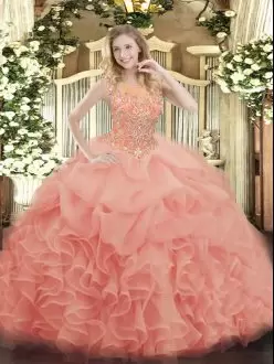 Organza Sleeveless Blush Pink Quinceanera Gown Illusion Neckline Beading and Ruffles