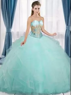 Tulle Sweetheart Sleeveless Lace Up Beading and Ruffles Quinceanera Dresses in Aqua Blue