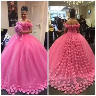 Modern Rose Pink 3D Flowers Off Shoulder Tulle Quinceanera Dress with Train