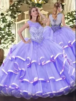 Unique Lavender Zipper Sweet 16 Dresses Beading and Ruffled Layers Sleeveless Floor Length
