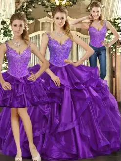 Sleeveless Floor Length Beading and Ruffles Lace Up Quinceanera Gowns with Purple