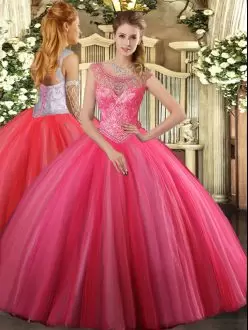 Customized Coral Red Sleeveless Tulle Lace Up Quinceanera Gowns for Sweet 16 and Quinceanera