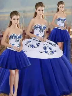Inexpensive Royal Blue Sleeveless Floor Length Embroidery and Bowknot Lace Up 15th Birthday Dress Sweetheart