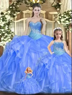 Beading and Ruffles Quince Ball Gowns Baby Blue Lace Up Sleeveless Floor Length