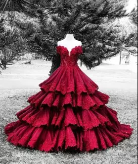Red Lace Up Off The Shoulder Lace and Appliques and Ruffled Layers Ball Gown Prom Dress Sleeveless