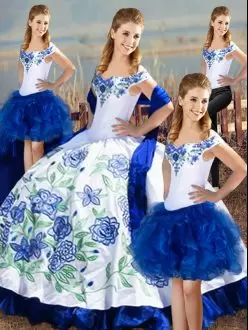 Ball Gowns Quinceanera Gown Blue And White Off The Shoulder Satin Sleeveless Floor Length Lace Up
