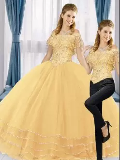 Beauteous Gold Ball Gowns Tulle Off The Shoulder Sleeveless Beading and Lace Floor Length Sweet 16 Quinceanera Dress