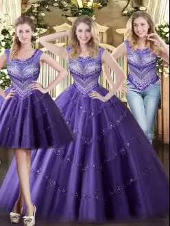 Beading Quince Ball Gowns Purple Lace Up Sleeveless Floor Length