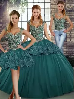 Green Three Pieces Straps Sleeveless Tulle Floor Length Lace Up Beading and Appliques Quinceanera Gowns