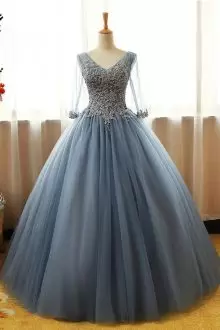 Smart Half Sleeves Tulle Floor Length Lace Up Quinceanera Dresses in Grey with Beading and Appliques