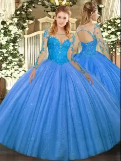 Shining Baby Blue Long Sleeves Floor Length Lace Lace Up Quinceanera Gown Scoop