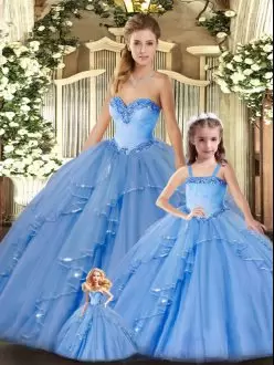 Sleeveless Organza Floor Length Lace Up Quinceanera Gown in Baby Blue with Beading and Ruffles