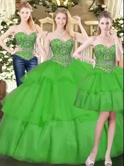 Graceful Green Sleeveless Organza Lace Up Quince Ball Gowns for Military Ball and Sweet 16 and Quinceanera