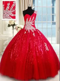 Red Lace Up One Shoulder Beading and Appliques 15th Birthday Dress Tulle Sleeveless