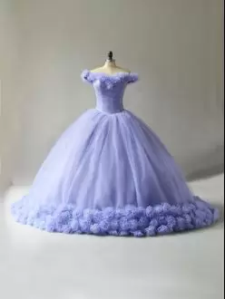 Court Train Ball Gowns Quinceanera Gown Lavender Off The Shoulder Tulle Sleeveless Lace Up