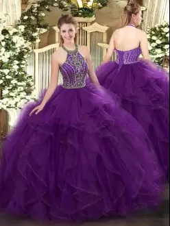 Purple Tulle Lace Up Halter Top Sleeveless Floor Length Quinceanera Dresses Beading and Ruffles