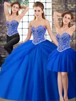 Tulle Sweetheart Sleeveless Brush Train Lace Up Beading and Pick Ups Sweet 16 Dress in Royal Blue