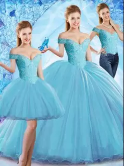 Fashionable Organza Off The Shoulder Sleeveless Sweep Train Lace Up Beading 15th Birthday Dress in Baby Blue