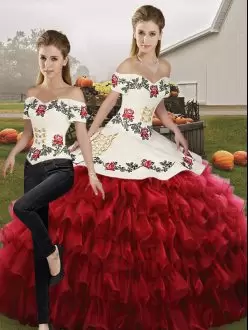 Deluxe Organza Off The Shoulder Sleeveless Lace Up Embroidery and Ruffled Layers Quinceanera Gowns in Wine Red