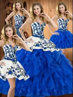 Blue Ball Gowns Satin and Organza Sweetheart Sleeveless Embroidery and Ruffles Floor Length Lace Up Quince Ball Gowns