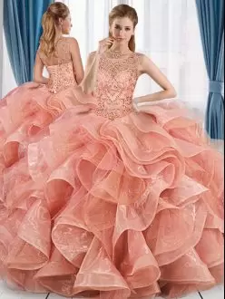 Beautiful Organza Scoop Sleeveless Lace Up Beading Ball Gown Prom Dress in Peach