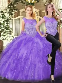 Eggplant Purple Ball Gowns Scoop Sleeveless Organza Floor Length Zipper Beading and Ruffles Quinceanera Gowns