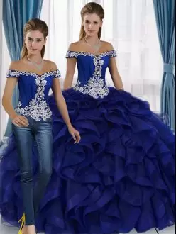 Royal Blue Off The Shoulder Lace Up Beading and Ruffles 15th Birthday Dress Sleeveless